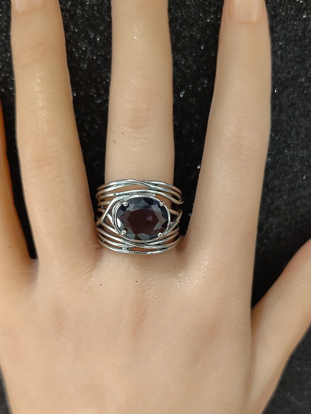 Amethyst Glass Stone Silver Boho Fashion Ring - Size 8